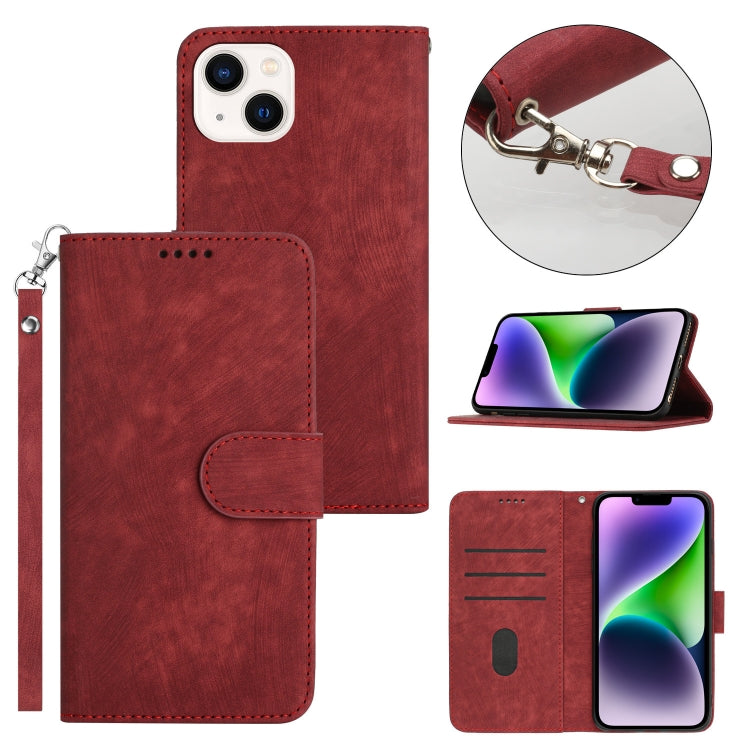 For iPhone 14 Plus Dual-Fold Stripe Texture Buckle Leather Phone Case