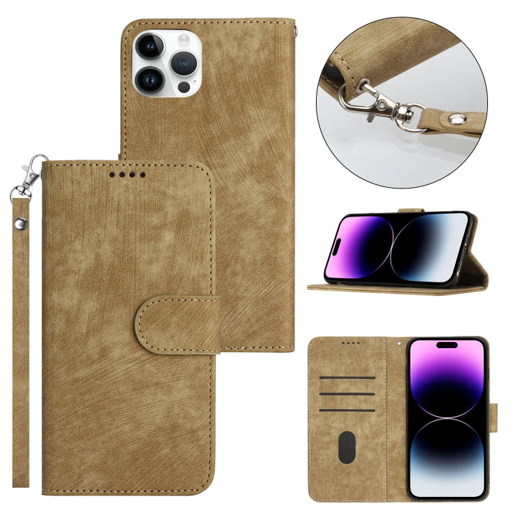 For iPhone 14 Pro Dual-Fold Stripe Texture Buckle Leather Phone Case