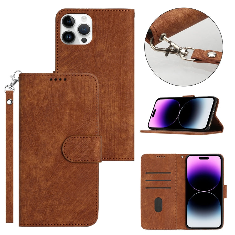 For iPhone 14 Pro Dual-Fold Stripe Texture Buckle Leather Phone Case