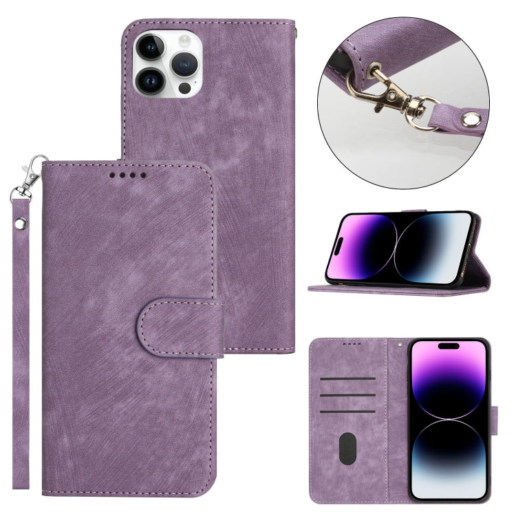 For iPhone 14 Pro Dual-Fold Stripe Texture Buckle Leather Phone Case
