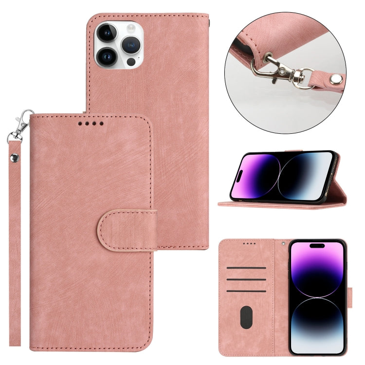 For iPhone 14 Pro Dual-Fold Stripe Texture Buckle Leather Phone Case
