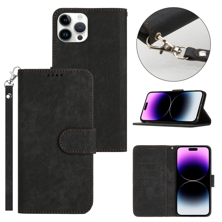 For iPhone 14 Pro Dual-Fold Stripe Texture Buckle Leather Phone Case