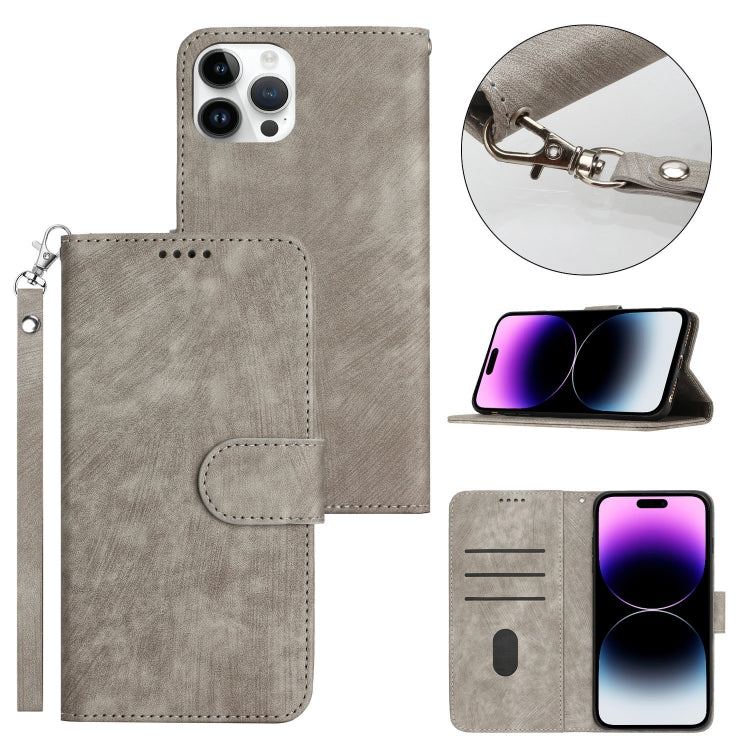 For iPhone 14 Pro Dual-Fold Stripe Texture Buckle Leather Phone Case