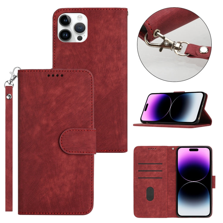 For iPhone 14 Pro Dual-Fold Stripe Texture Buckle Leather Phone Case
