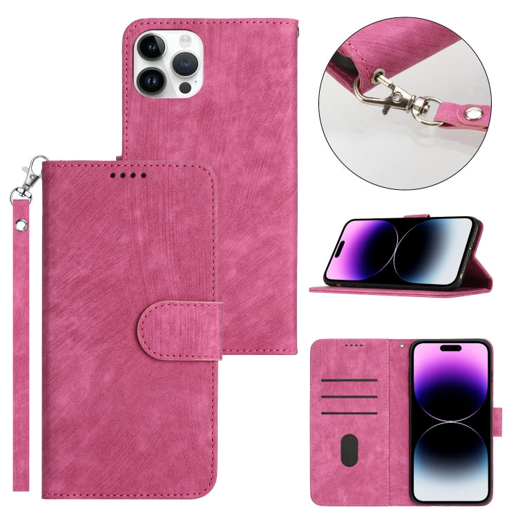 For iPhone 14 Pro Max Dual-Fold Stripe Texture Buckle Leather Phone Case