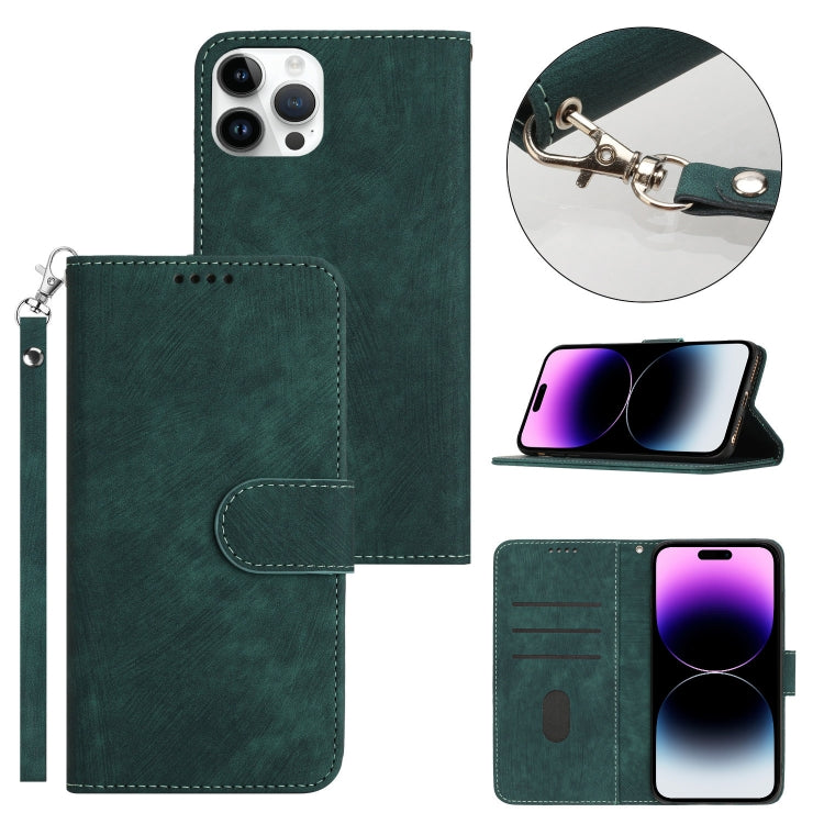 For iPhone 14 Pro Max Dual-Fold Stripe Texture Buckle Leather Phone Case