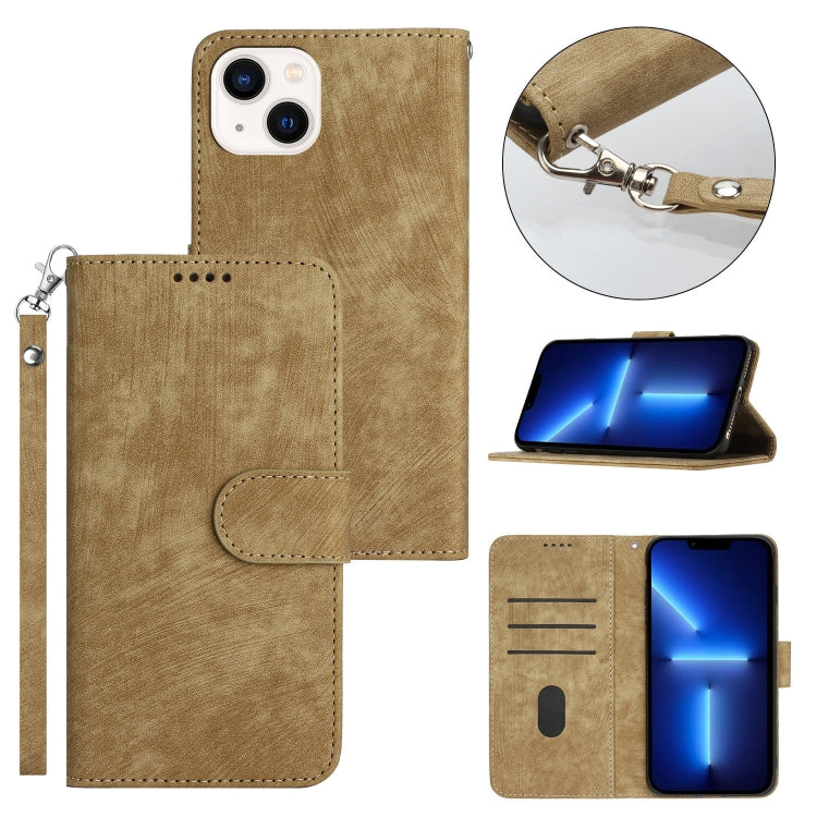 For iPhone 13 Dual-Fold Stripe Texture Buckle Leather Phone Case
