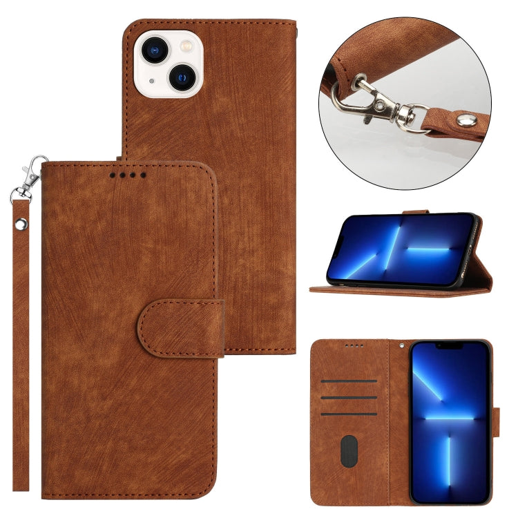 For iPhone 13 Dual-Fold Stripe Texture Buckle Leather Phone Case