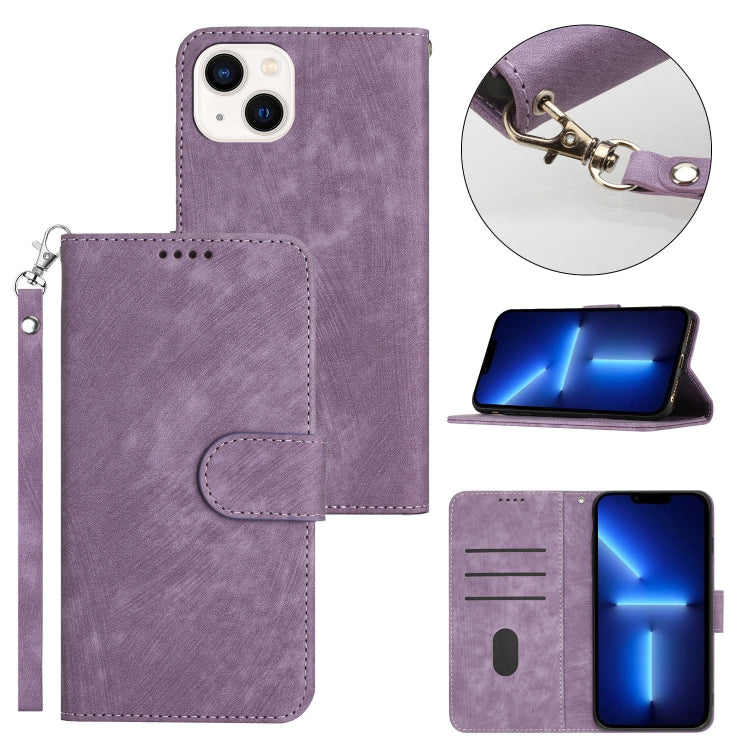 For iPhone 13 Dual-Fold Stripe Texture Buckle Leather Phone Case