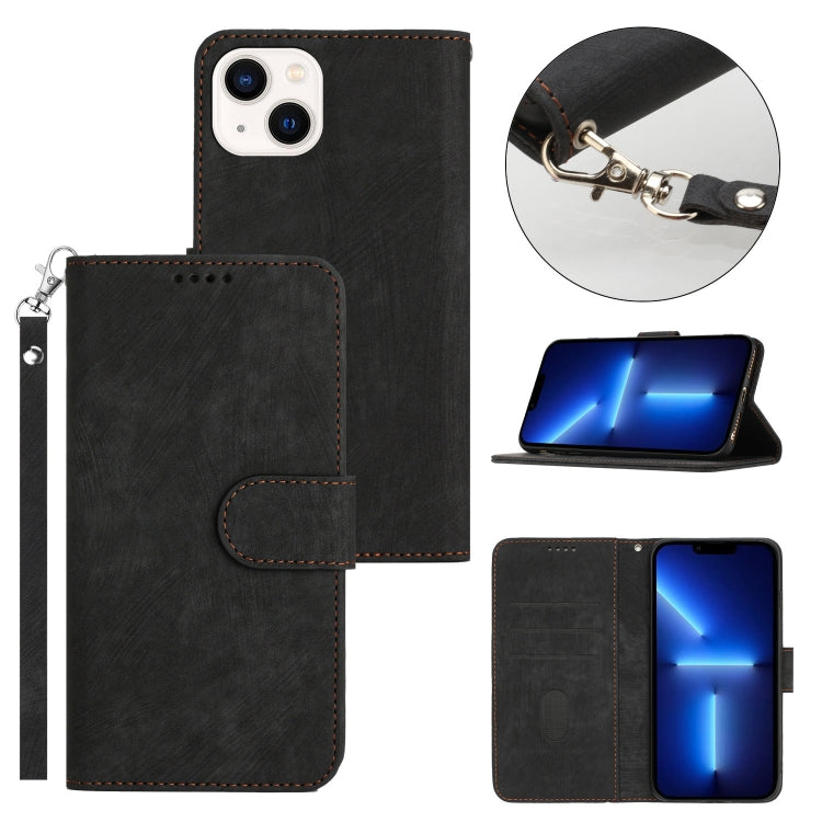 For iPhone 13 Dual-Fold Stripe Texture Buckle Leather Phone Case