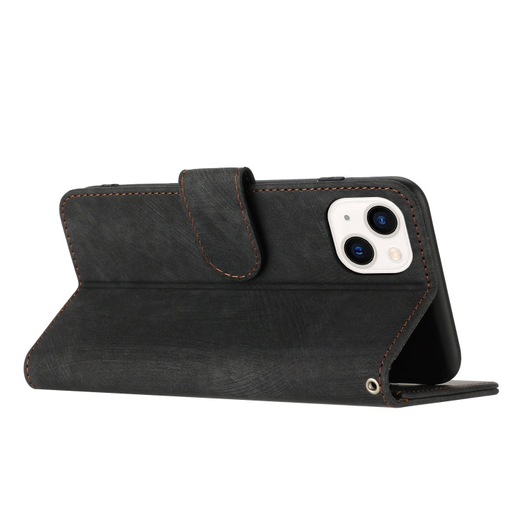 For iPhone 13 Dual-Fold Stripe Texture Buckle Leather Phone Case