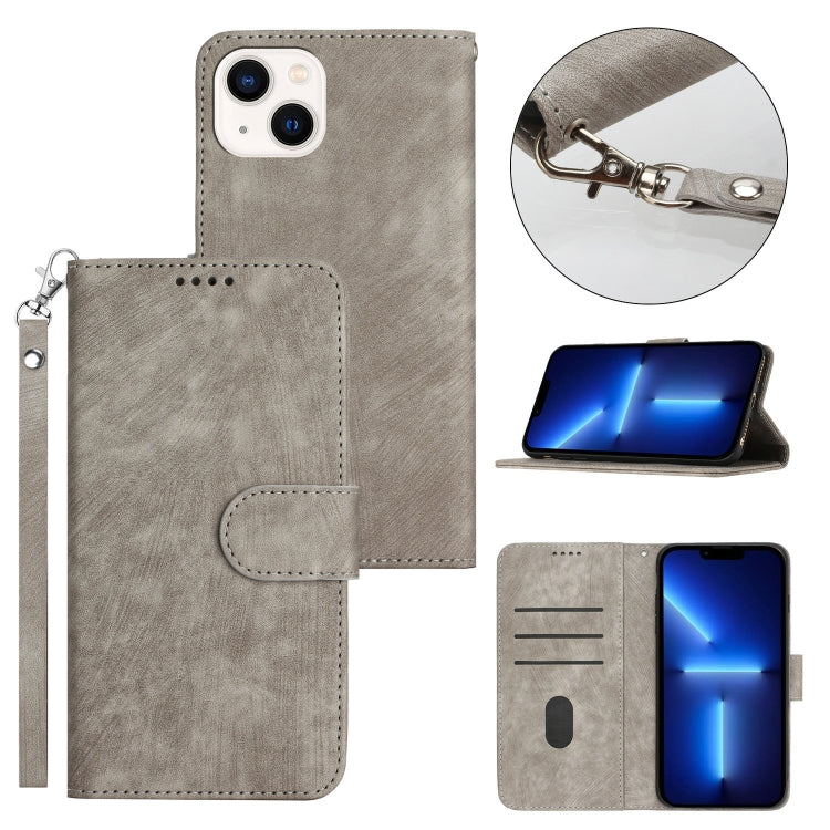 For iPhone 13 Dual-Fold Stripe Texture Buckle Leather Phone Case