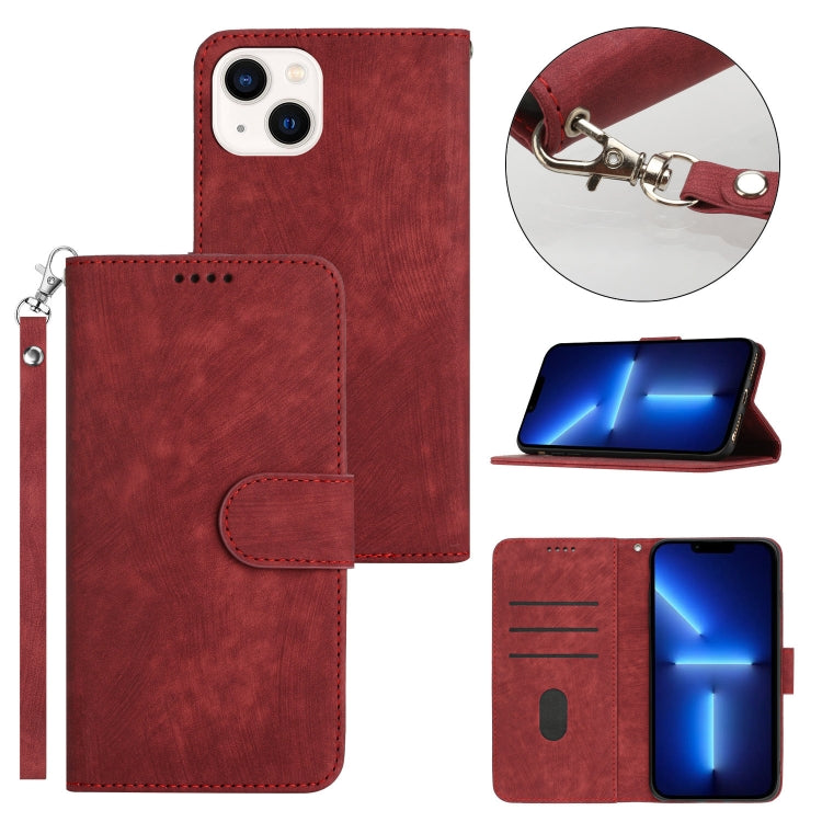 For iPhone 13 Dual-Fold Stripe Texture Buckle Leather Phone Case