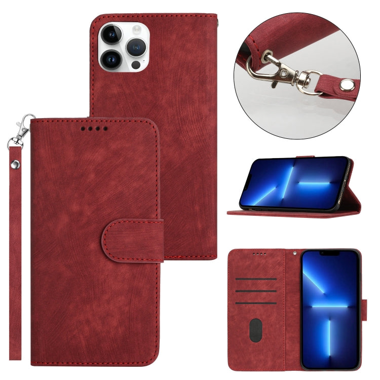 For iPhone 13 Pro Max Dual-Fold Stripe Texture Buckle Leather Phone Case
