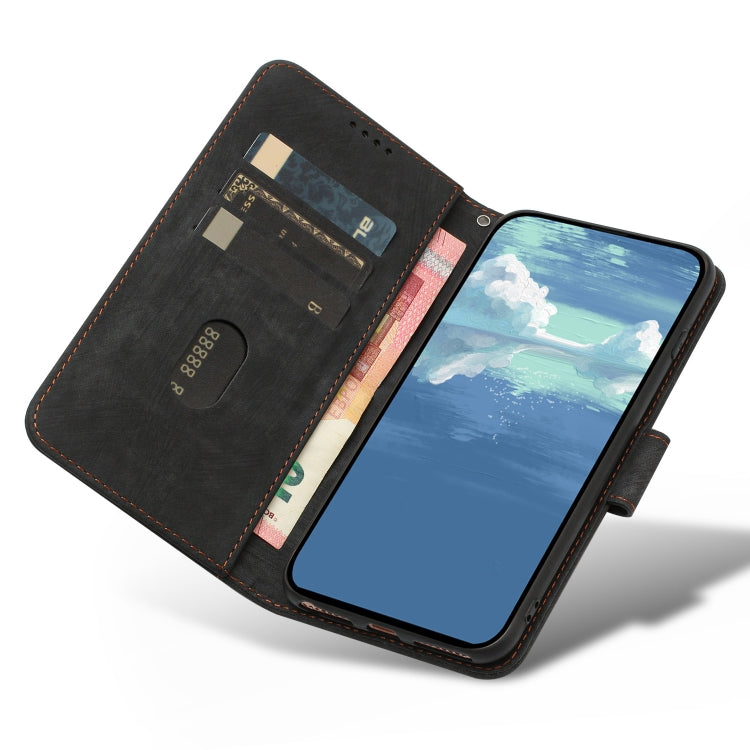 For iPhone 12 Dual-Fold Stripe Texture Buckle Leather Phone Case