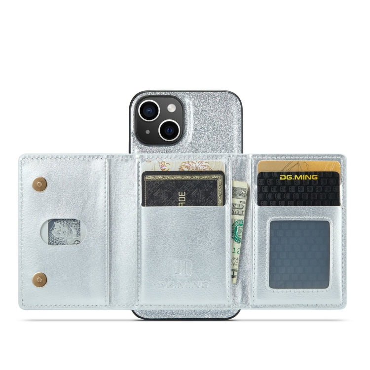 For iPhone 14 Plus DG.MING M3 Series Glitter Powder Card Bag Leather Case