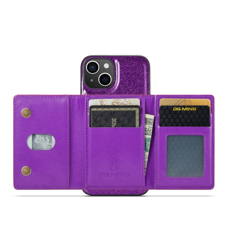 For iPhone 14 Plus DG.MING M3 Series Glitter Powder Card Bag Leather Case