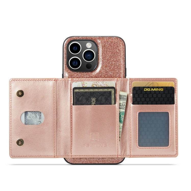 For iPhone 14 Pro DG.MING M3 Series Glitter Powder Card Bag Leather Case