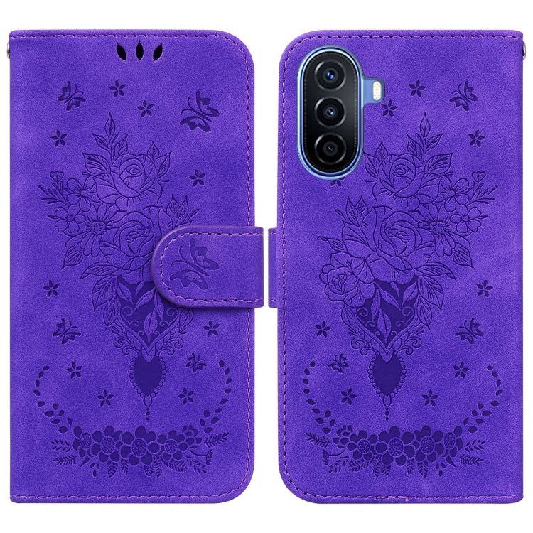 For Huawei nova Y70 Plus Butterfly Rose Embossed Leather Phone Case