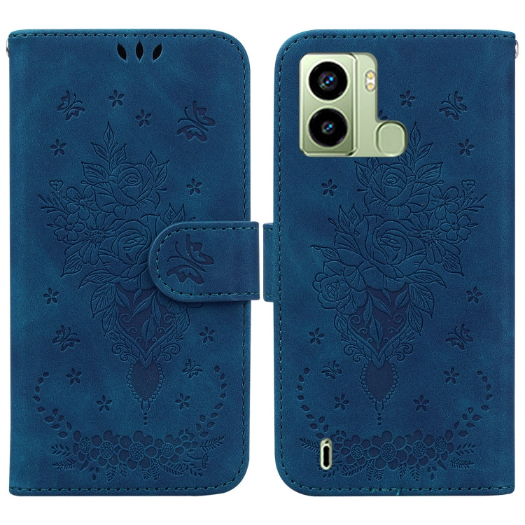 For Tecno Pop 6 Fingerprint Butterfly Rose Embossed Leather Phone Case