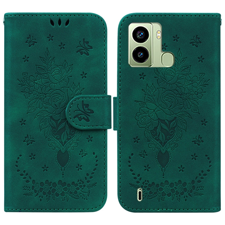 For Tecno Pop 6 Fingerprint Butterfly Rose Embossed Leather Phone Case