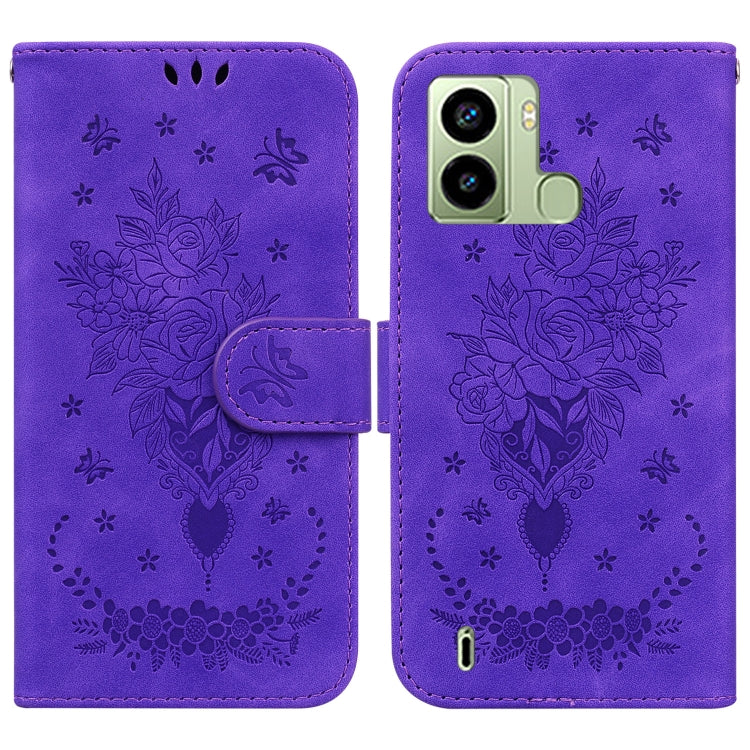 For Tecno Pop 6 Fingerprint Butterfly Rose Embossed Leather Phone Case
