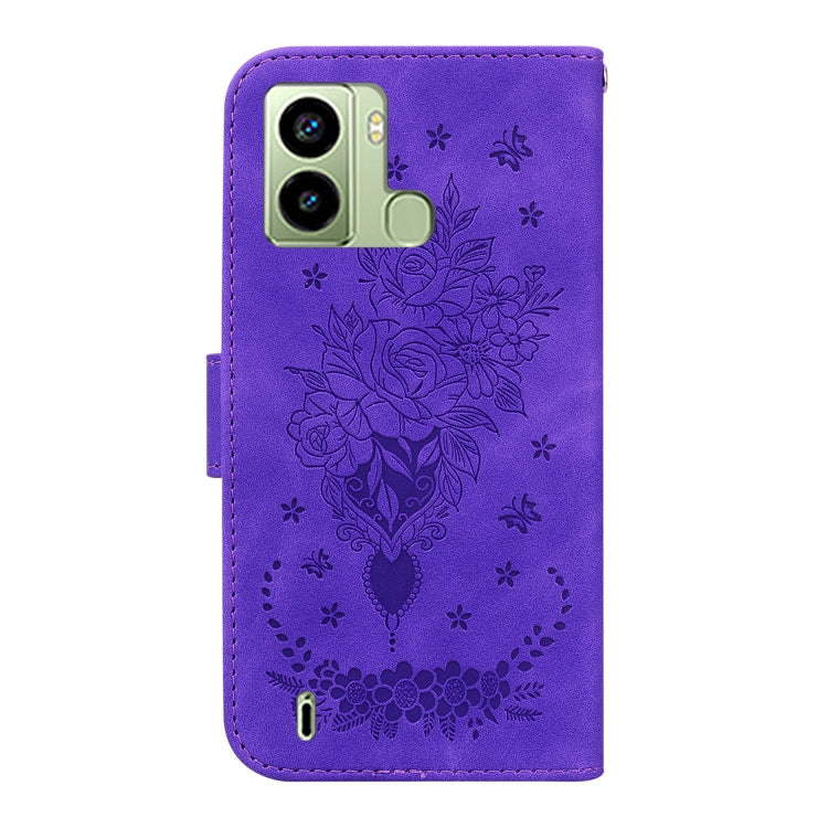 For Tecno Pop 6 Fingerprint Butterfly Rose Embossed Leather Phone Case