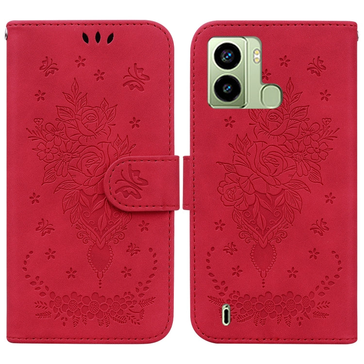 For Tecno Pop 6 Fingerprint Butterfly Rose Embossed Leather Phone Case