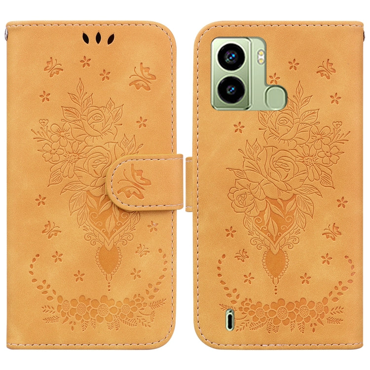 For Tecno Pop 6 Fingerprint Butterfly Rose Embossed Leather Phone Case