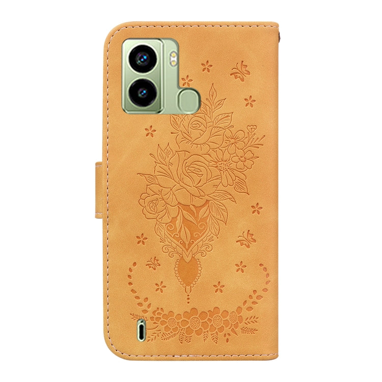 For Tecno Pop 6 Fingerprint Butterfly Rose Embossed Leather Phone Case