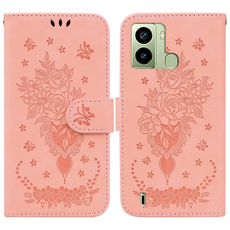 For Tecno Pop 6 Fingerprint Butterfly Rose Embossed Leather Phone Case