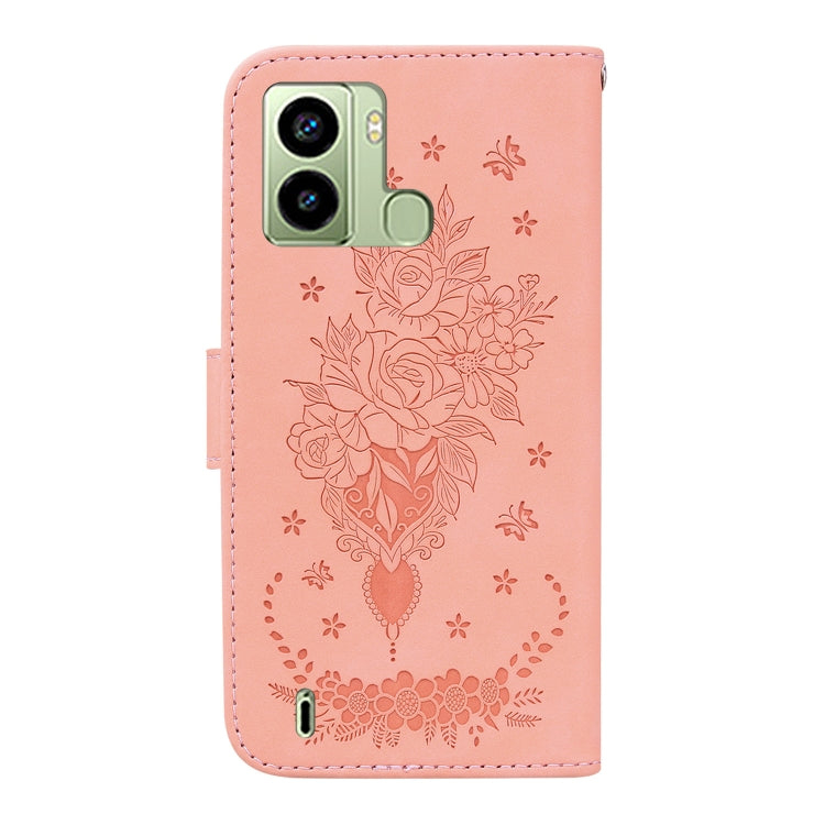 For Tecno Pop 6 Fingerprint Butterfly Rose Embossed Leather Phone Case
