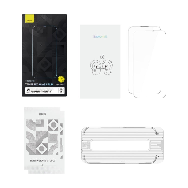 For iPhone 14 / 13 Pro / 13 2pcs Baseus 0.3mm Crystal HD Tempered Glass Screen Protector with Dust Filter