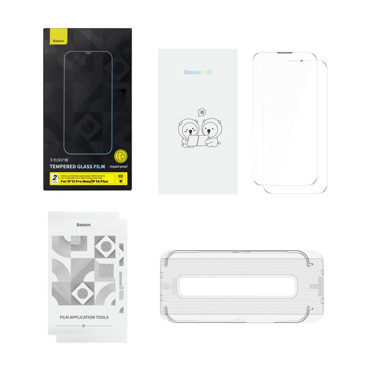 For iPhone 14 Plus / 13 Pro Max 2pcs Baseus 0.3mm Crystal HD Tempered Glass Screen Protector with Dust Filter