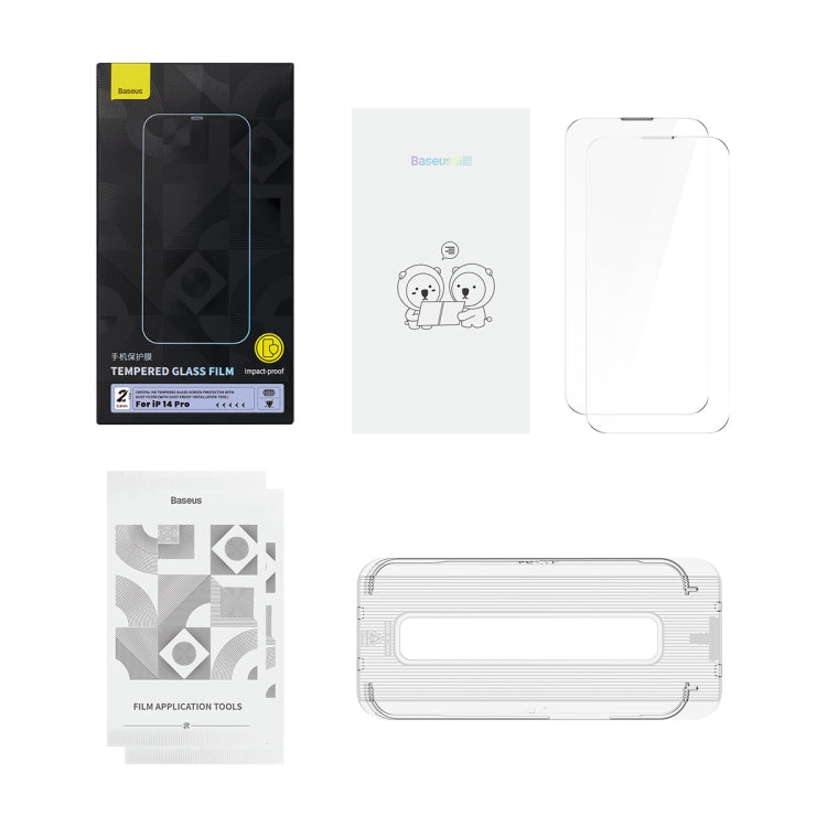 For iPhone 14 Pro 2pcs Baseus 0.3mm Crystal HD Tempered Glass Screen Protector with Dust Filter