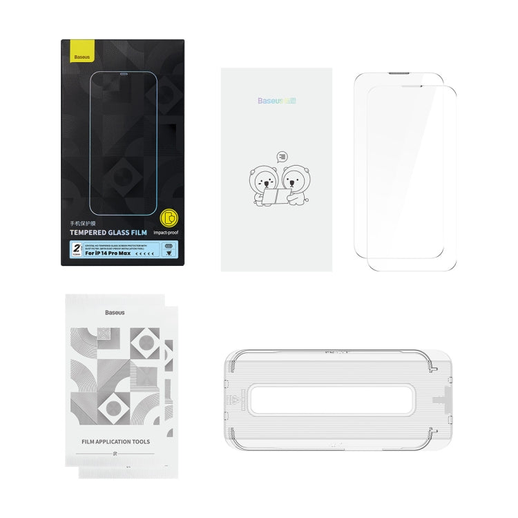 For iPhone 14 Pro Max 2pcs Baseus 0.3mm Crystal HD Tempered Glass Screen Protector with Dust Filter