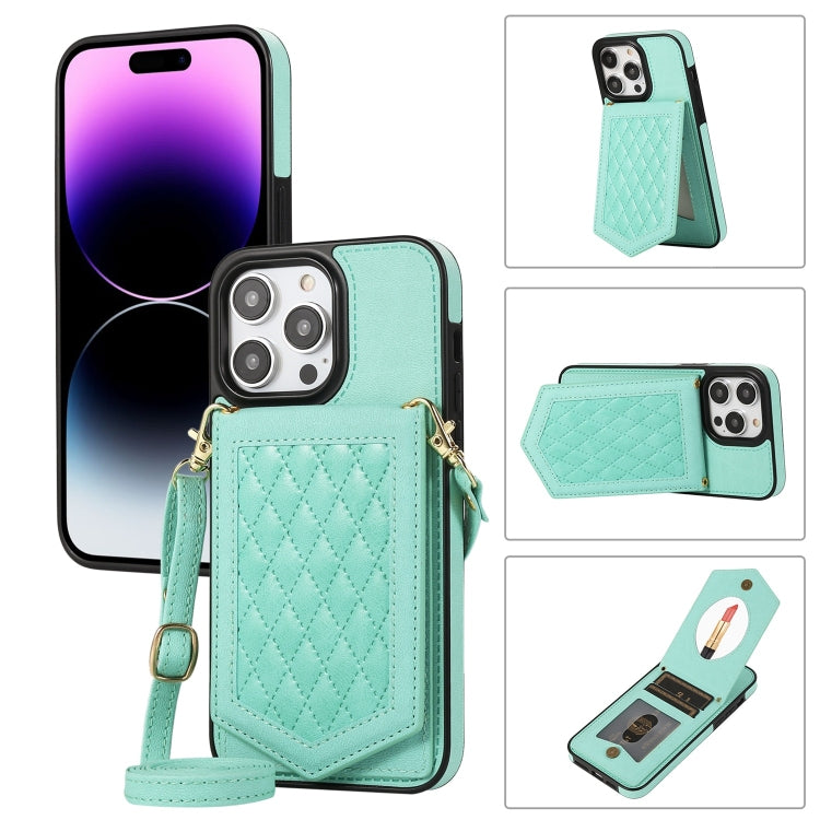For iPhone 14 Pro Max Rhombic Texture RFID Phone Case with Lanyard & Mirror