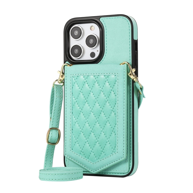 For iPhone 14 Pro Max Rhombic Texture RFID Phone Case with Lanyard & Mirror