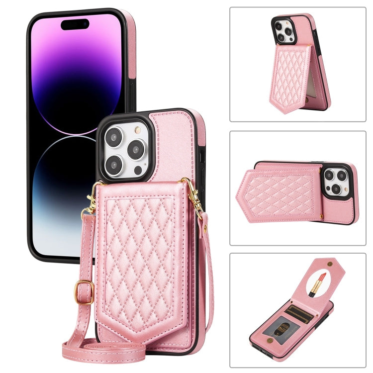 For iPhone 14 Pro Max Rhombic Texture RFID Phone Case with Lanyard & Mirror