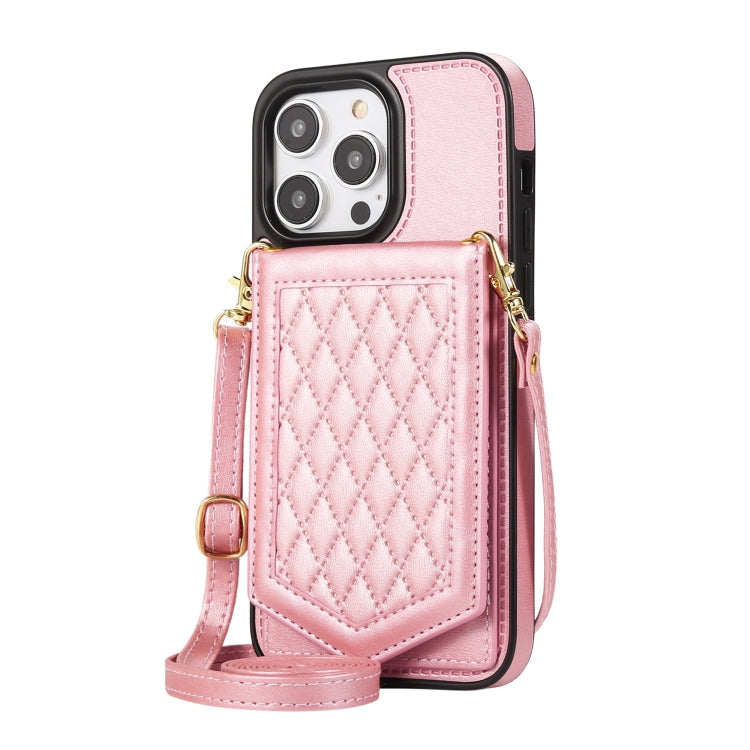 For iPhone 14 Pro Max Rhombic Texture RFID Phone Case with Lanyard & Mirror