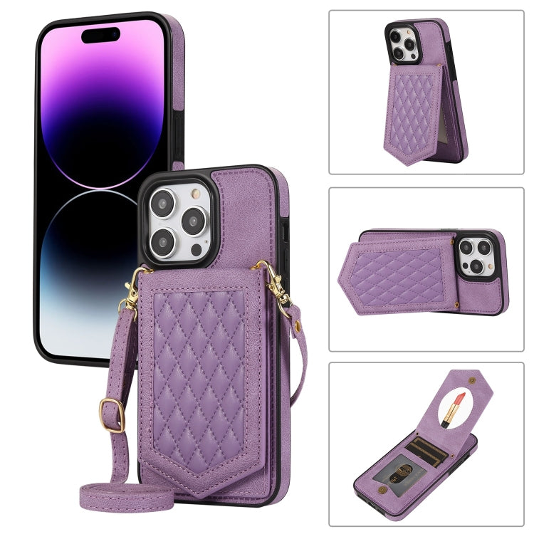 For iPhone 14 Pro Max Rhombic Texture RFID Phone Case with Lanyard & Mirror