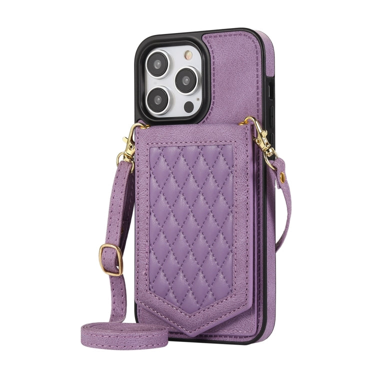 For iPhone 14 Pro Max Rhombic Texture RFID Phone Case with Lanyard & Mirror