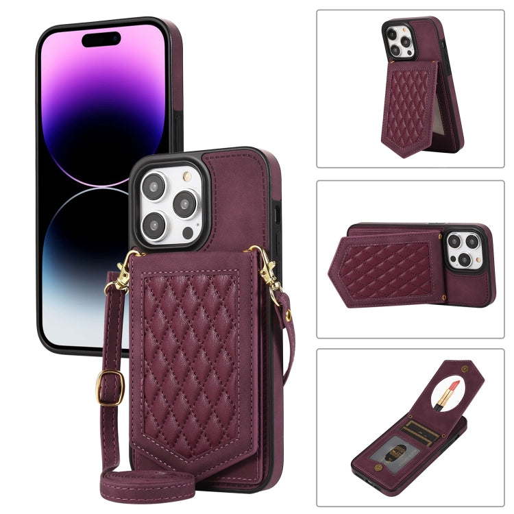 For iPhone 14 Pro Max Rhombic Texture RFID Phone Case with Lanyard & Mirror