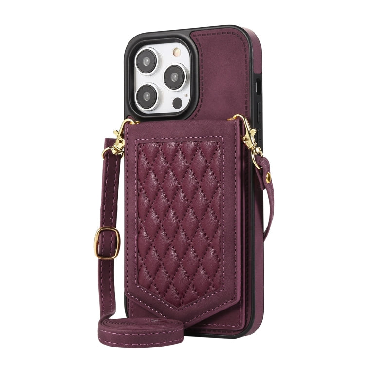 For iPhone 14 Pro Max Rhombic Texture RFID Phone Case with Lanyard & Mirror