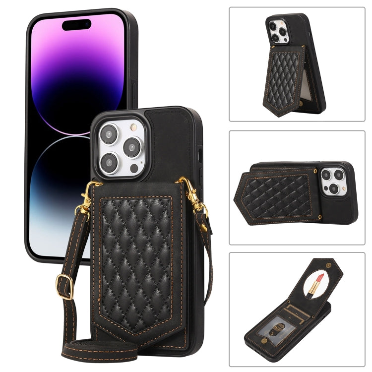 For iPhone 14 Pro Max Rhombic Texture RFID Phone Case with Lanyard & Mirror