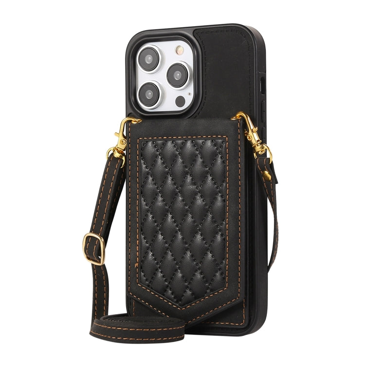 For iPhone 14 Pro Max Rhombic Texture RFID Phone Case with Lanyard & Mirror