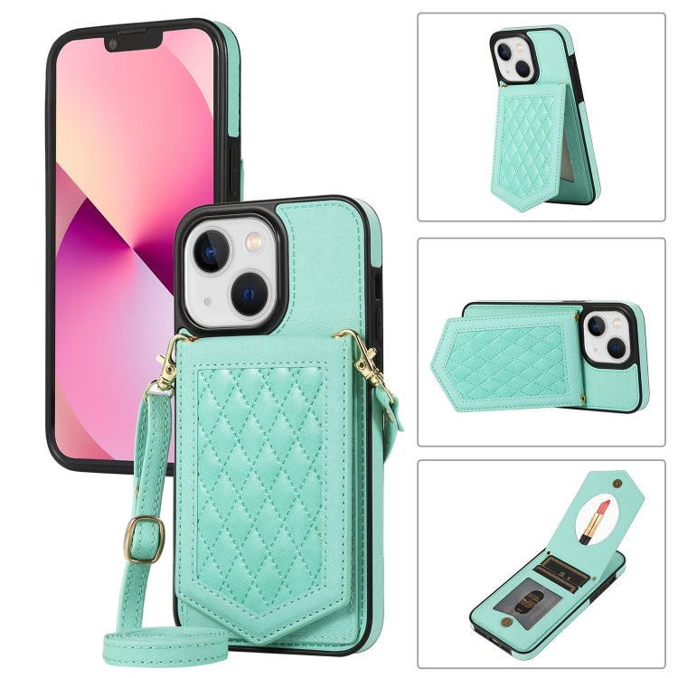 For iPhone 14 Rhombic Texture RFID Phone Case with Lanyard & Mirror