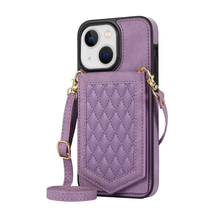 For iPhone 14 Rhombic Texture RFID Phone Case with Lanyard & Mirror