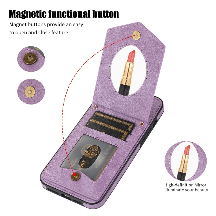 For iPhone 14 Rhombic Texture RFID Phone Case with Lanyard & Mirror