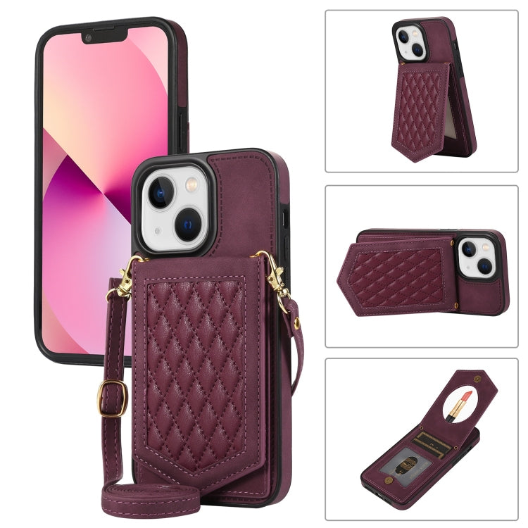 For iPhone 14 Rhombic Texture RFID Phone Case with Lanyard & Mirror